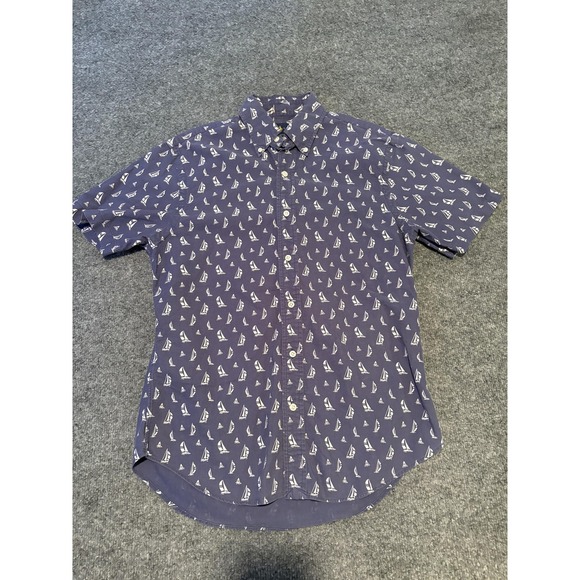 Ralph Lauren Shirt Mens Medium Blue White Sailboat Print Short Sleeve Slim Fit - Picture 1 of 7